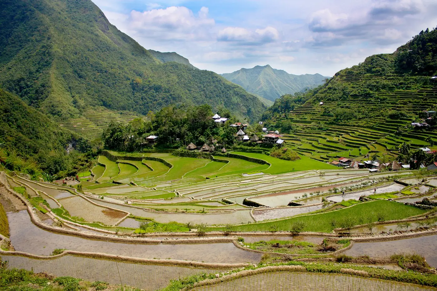 The Batad rice terraces in Ifugao: green steps cut into a bowl of mountains
